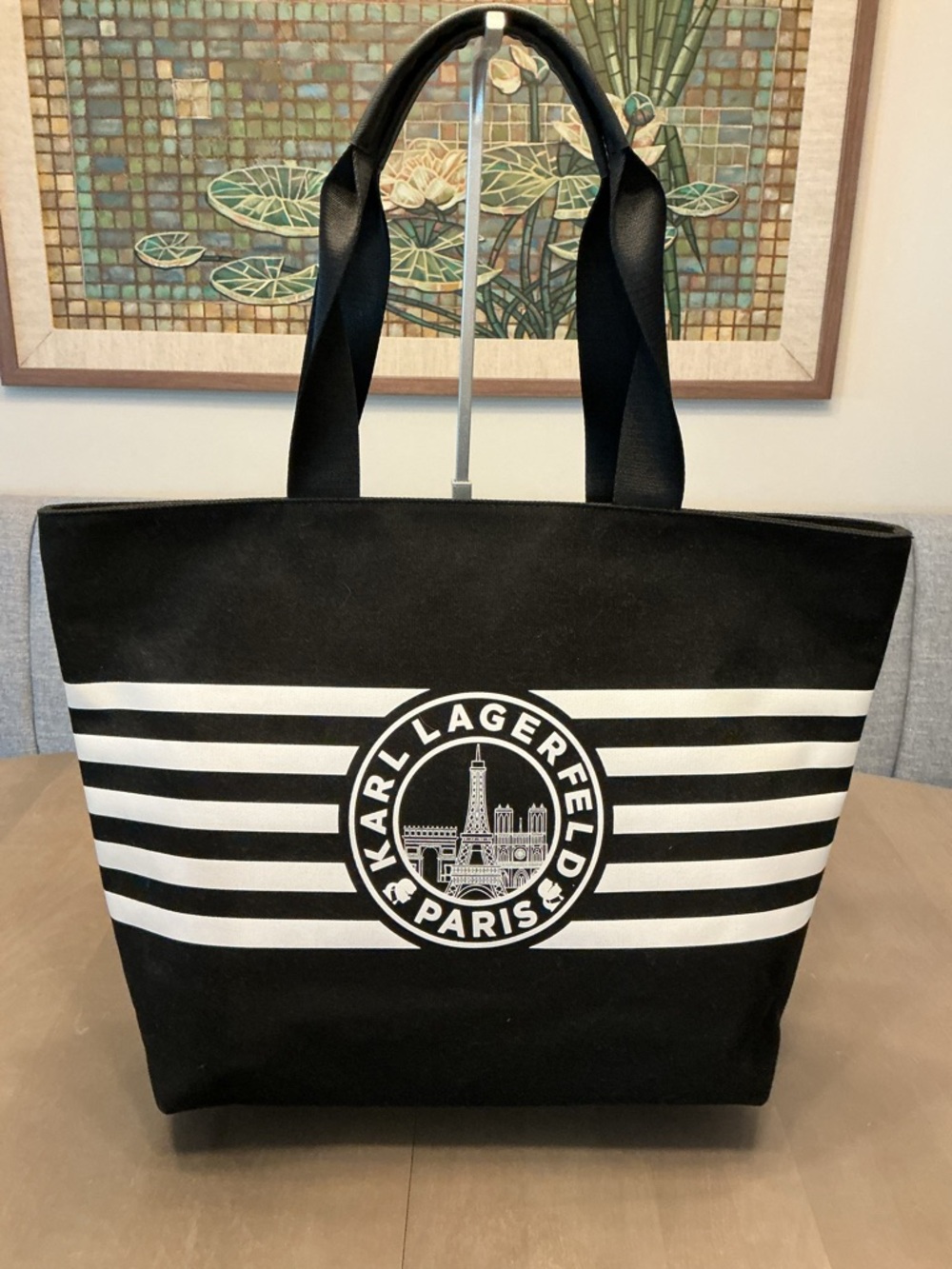 Karl Lagerfeld Black and White Striped Canvas Tote with Logo Emblem NWT